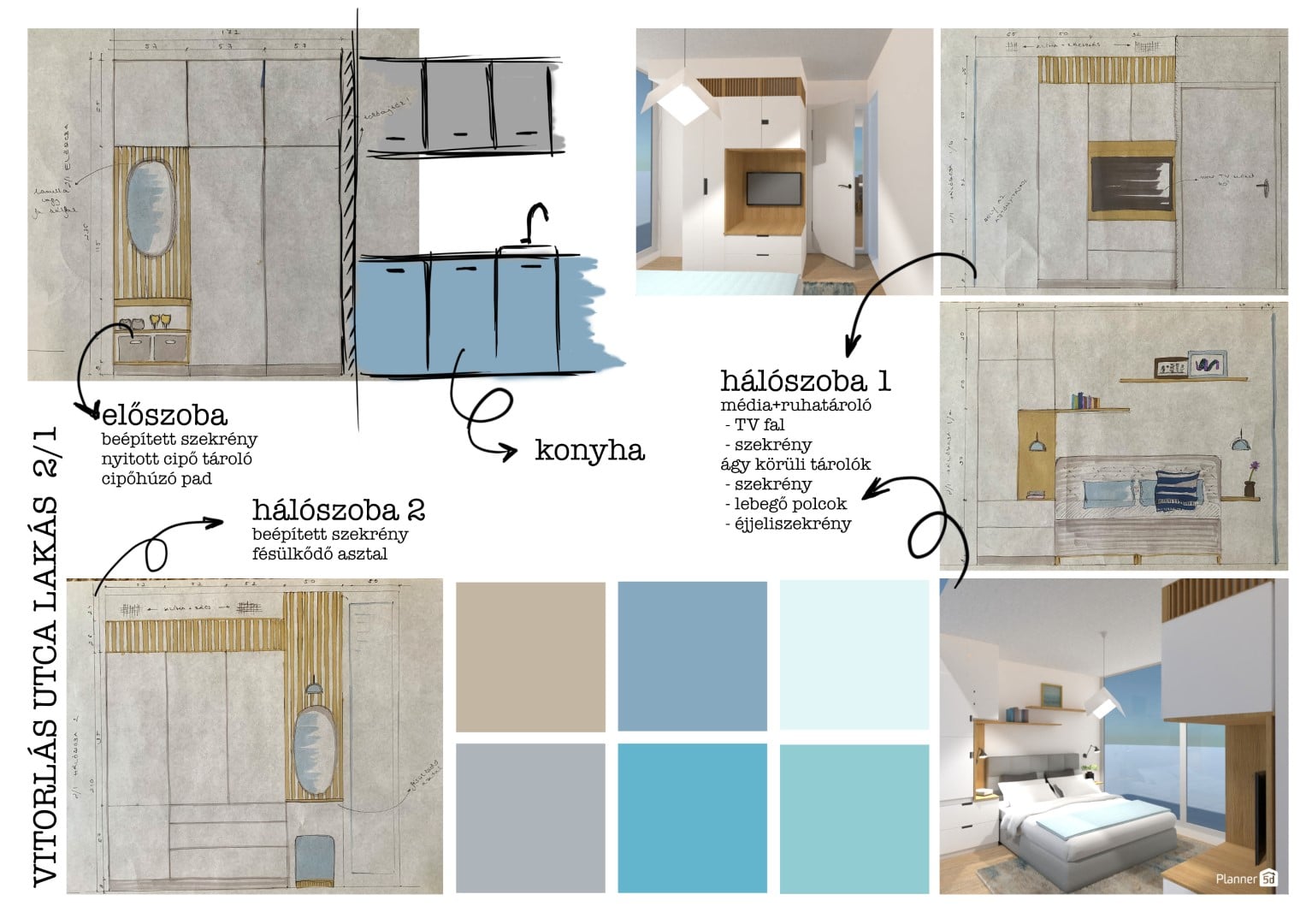 Két hálószobás lakás beépített bútorai